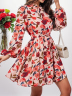 And Autumn Printed Belt Button Long-Sleeve Round-Neck Dress