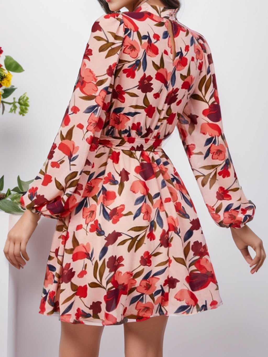 And Autumn Printed Belt Button Long-Sleeve Round-Neck Dress