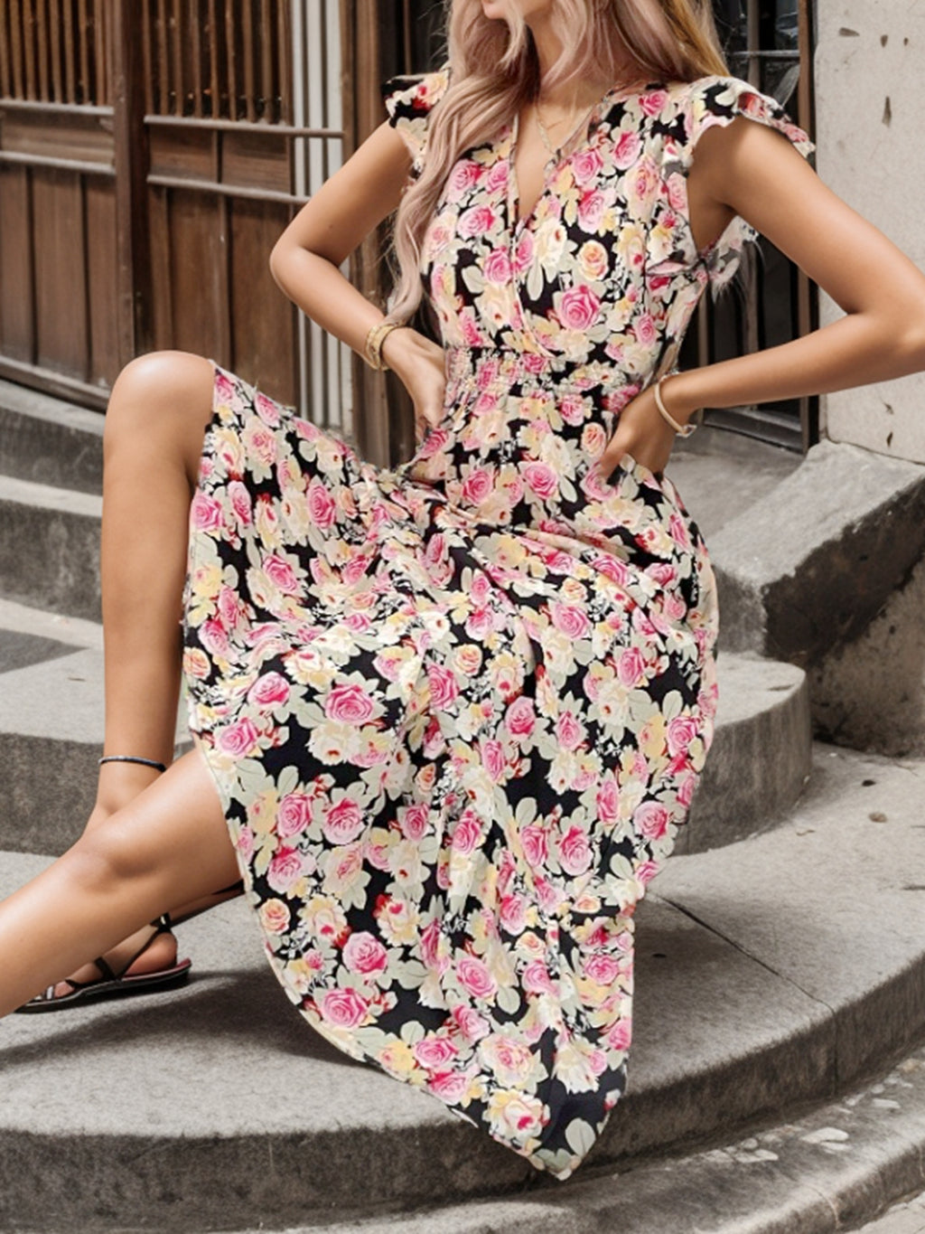 Summer Vacation Print Short-Sleeve V-Neck Dress
