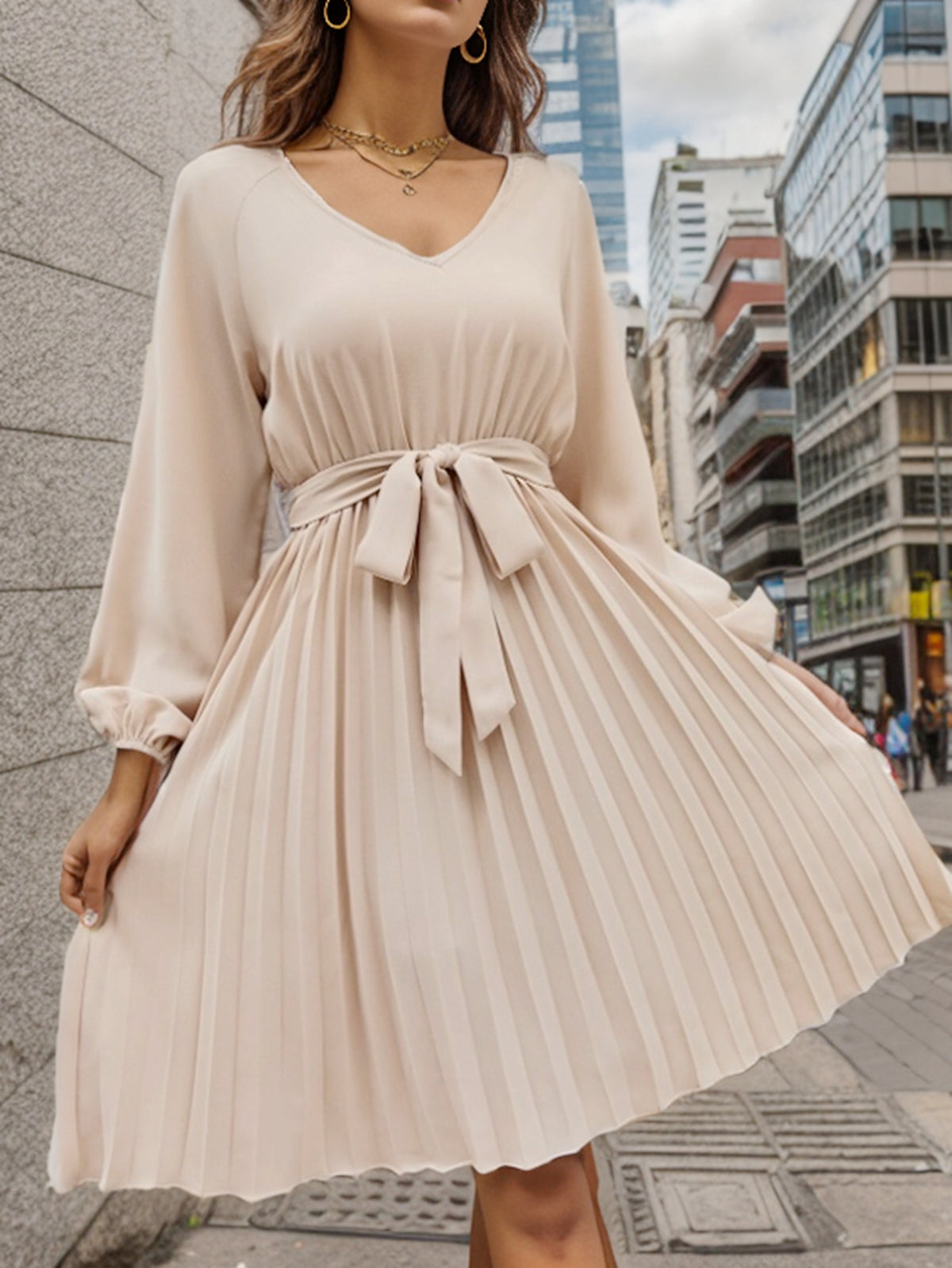 And Autumn Long-Sleeve Solid-Color V-Neck Dress