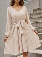 And Autumn Long-Sleeve Solid-Color V-Neck Dress