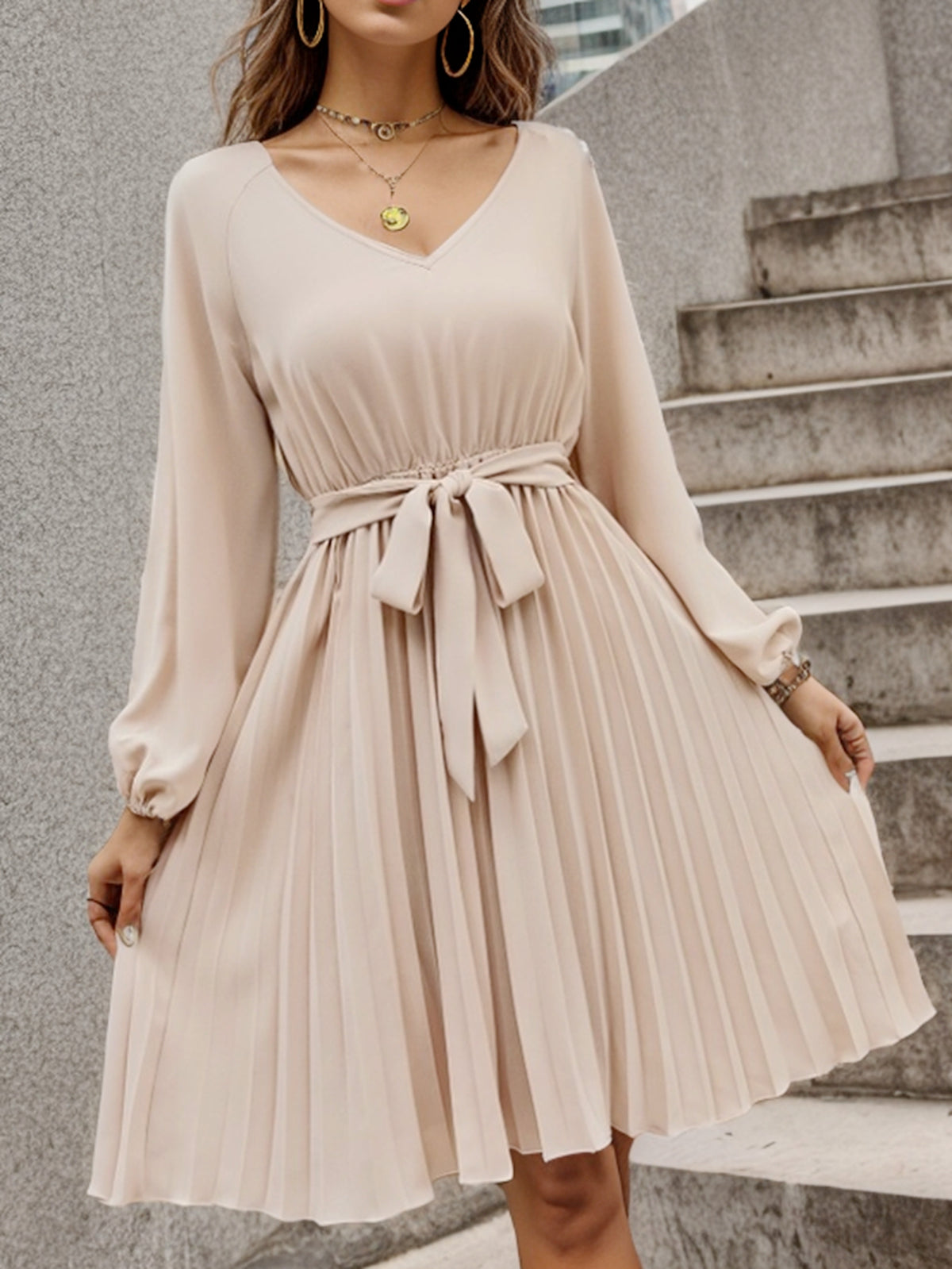 And Autumn Long-Sleeve Solid-Color V-Neck Dress