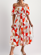 Off-Shoulder Geometric Print Midi Dress
