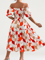 Off-Shoulder Geometric Print Midi Dress