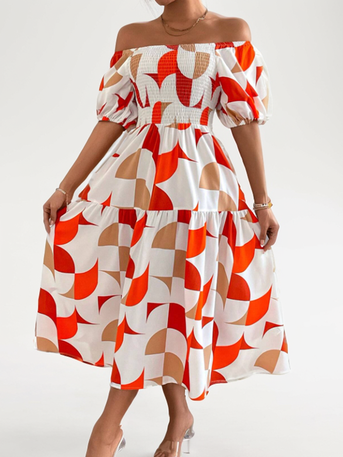 Off-Shoulder Geometric Print Midi Dress