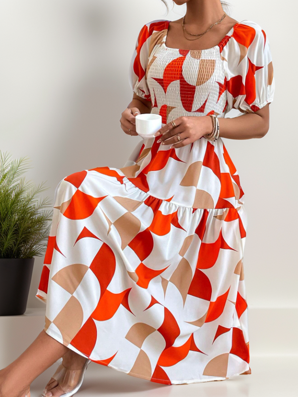 Off-Shoulder Geometric Print Midi Dress