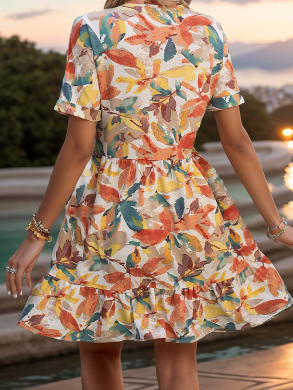Floral-Print V-Neck Short-Sleeve Dress