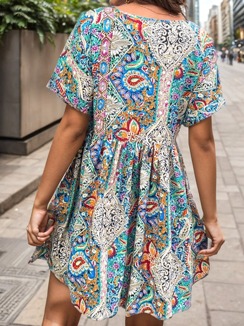Women's Summer Print V Neck Short Sleeved Dress