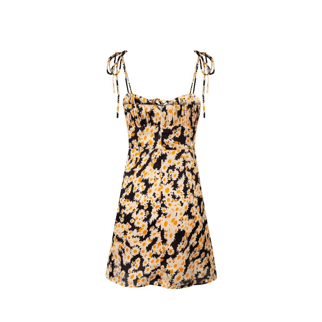 Women's Spring Holiday Black Background Small Sunflower Printed Lace Up Strap Short Dress