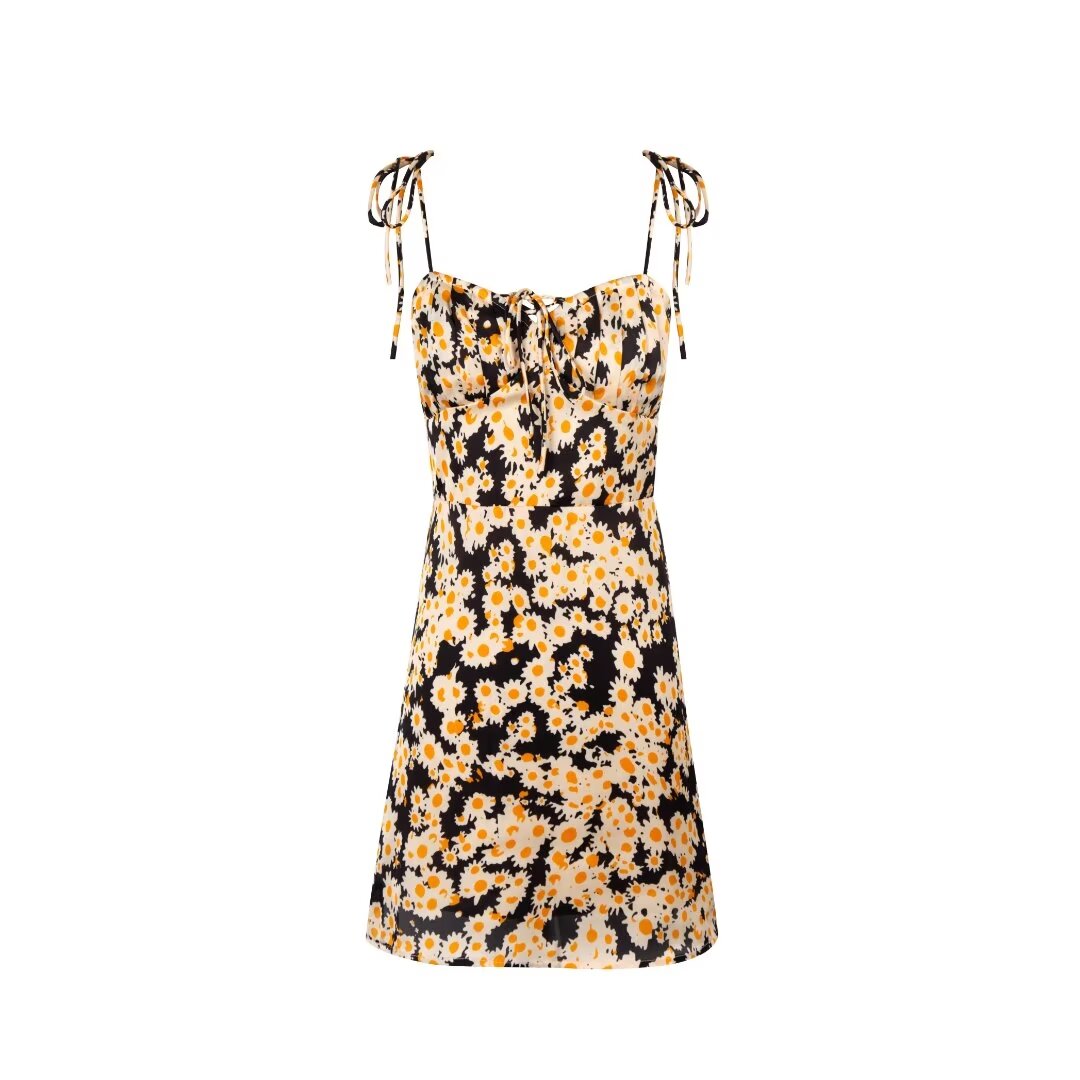 Women's Spring Holiday Black Background Small Sunflower Printed Lace Up Strap Short Dress