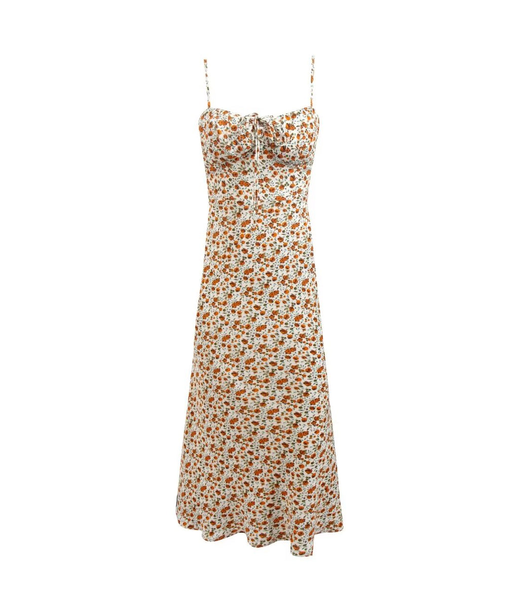 Seaside Sling Midi Chest Pleated Lace-Up Print Slip Dress Summer