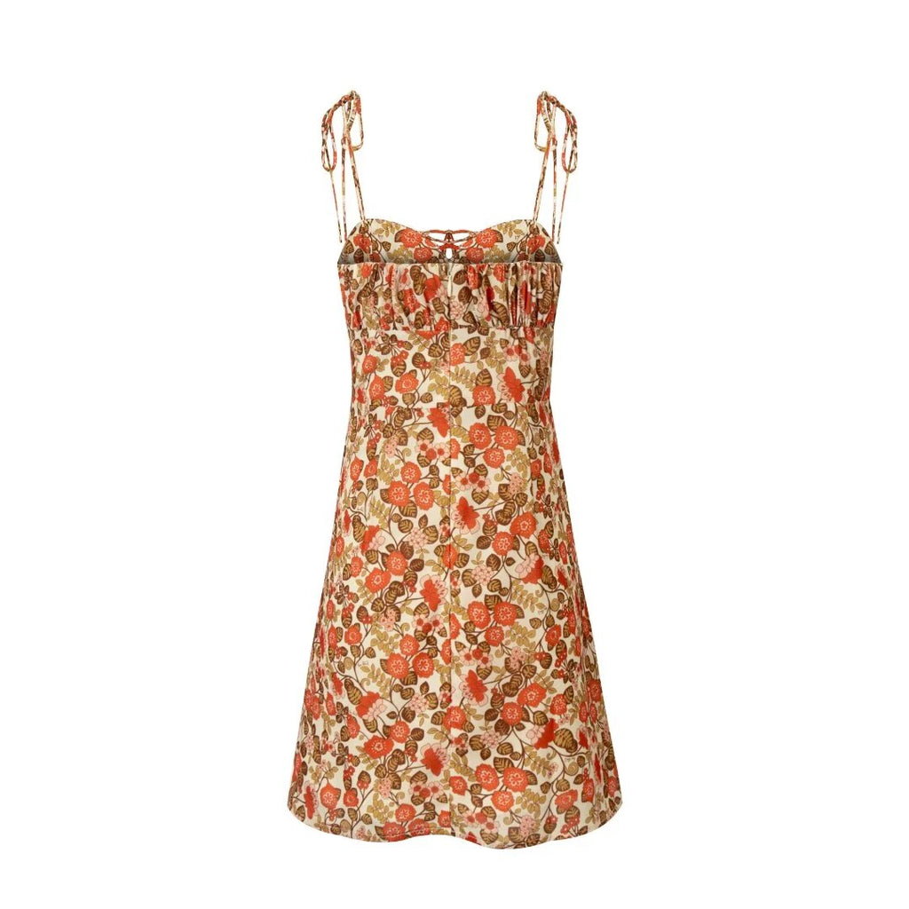 Women's French Design Double Shoulder Lace Up Dress Women Fresh Sweet Slim Fit Printed A Line Mini Summer