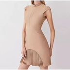 High-Collar Long-Sleeve Pleated A-Line Mini Dress