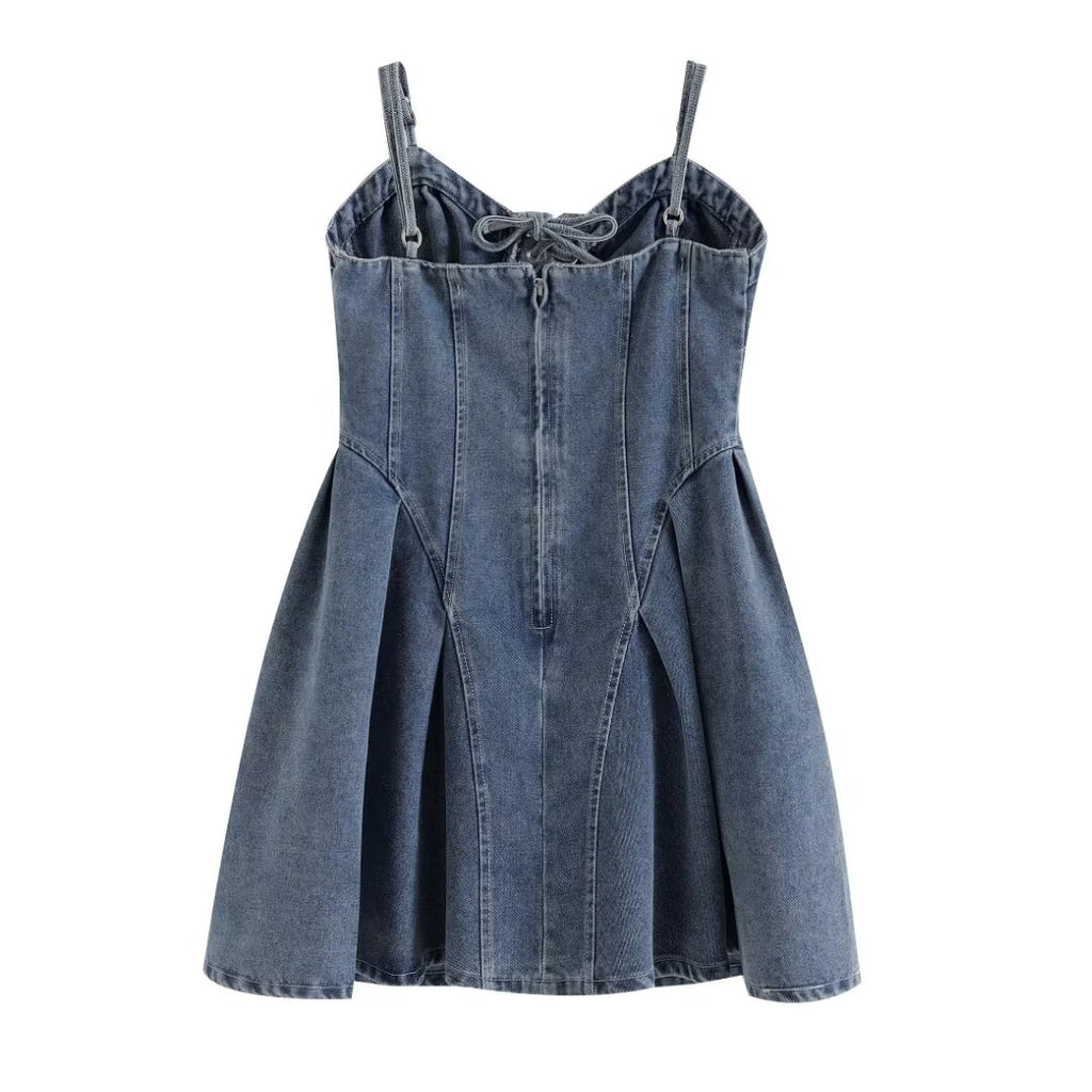 V-Neck Lace-Up Sleeveless Denim A-Line Mini Dress