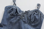 V-Neck Lace-Up Sleeveless Denim A-Line Mini Dress