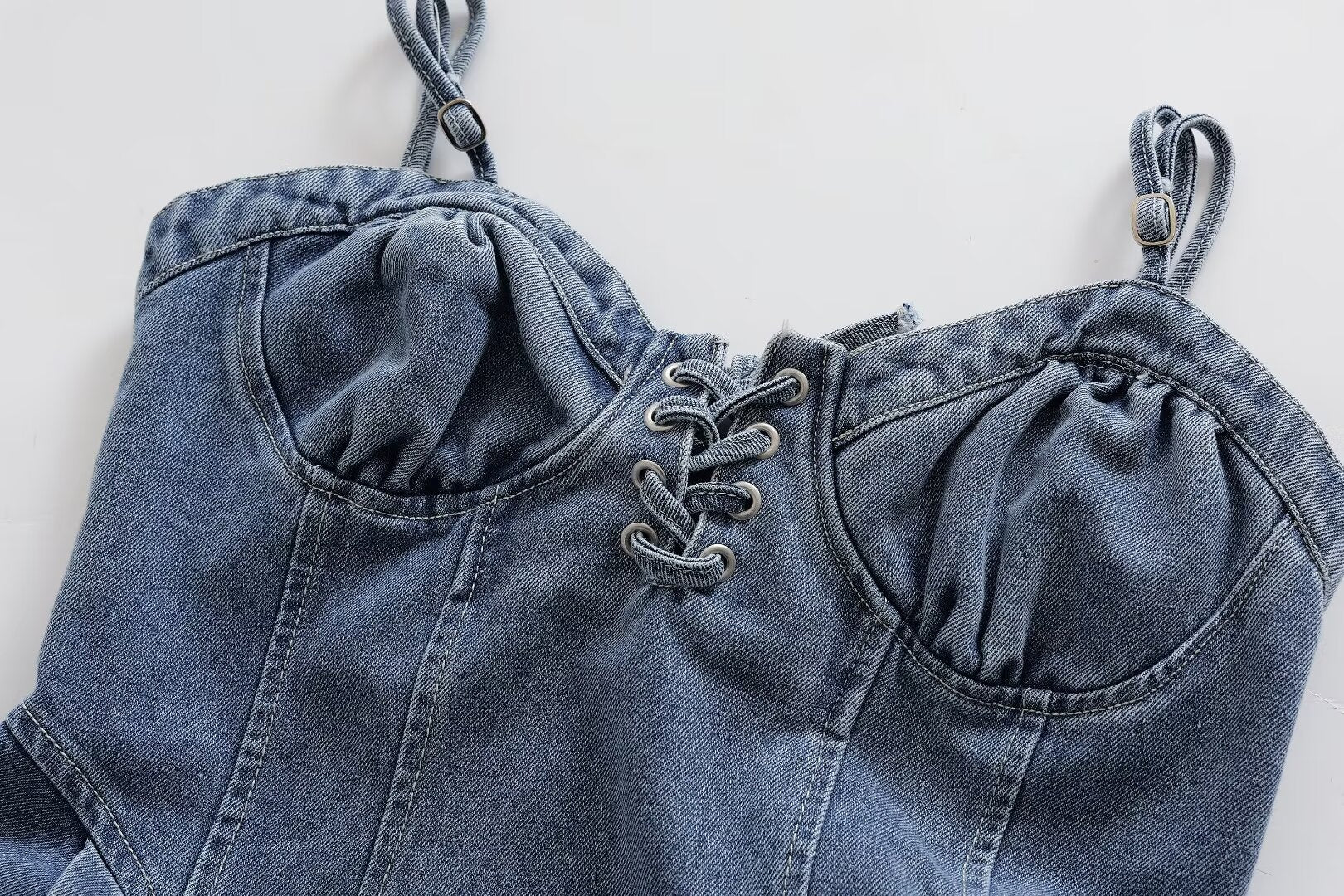V-Neck Lace-Up Sleeveless Denim A-Line Mini Dress
