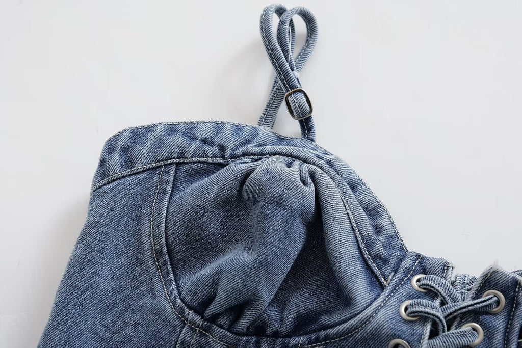 V-Neck Lace-Up Sleeveless Denim A-Line Mini Dress