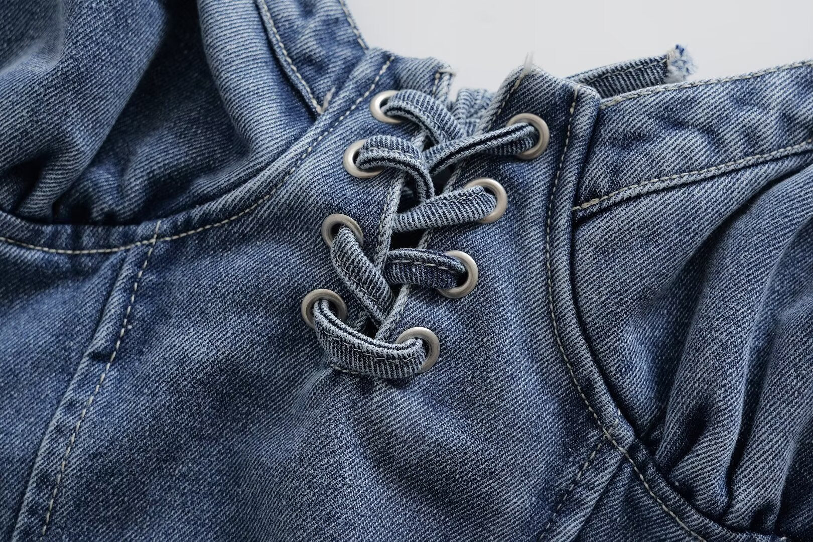 V-Neck Lace-Up Sleeveless Denim A-Line Mini Dress