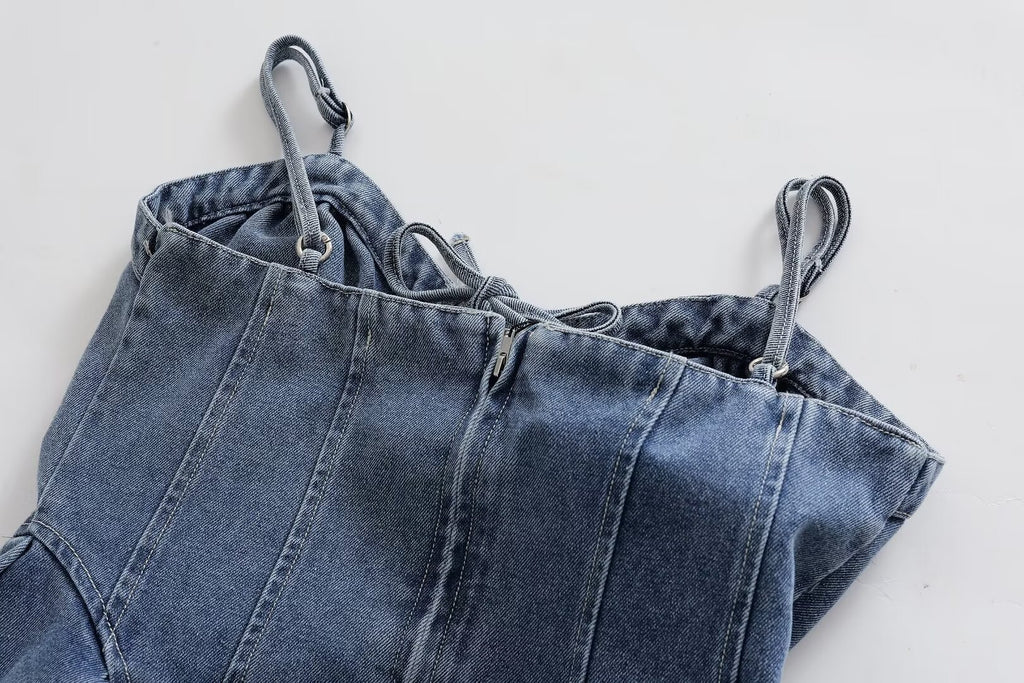 V-Neck Lace-Up Sleeveless Denim A-Line Mini Dress