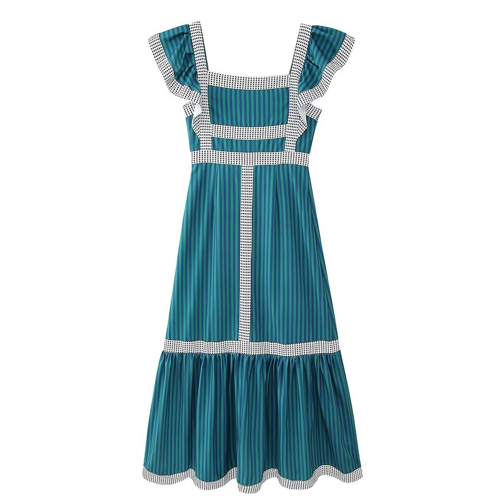 Spring Casual Square-Collar Color Contrast Patchwork Vest Dress