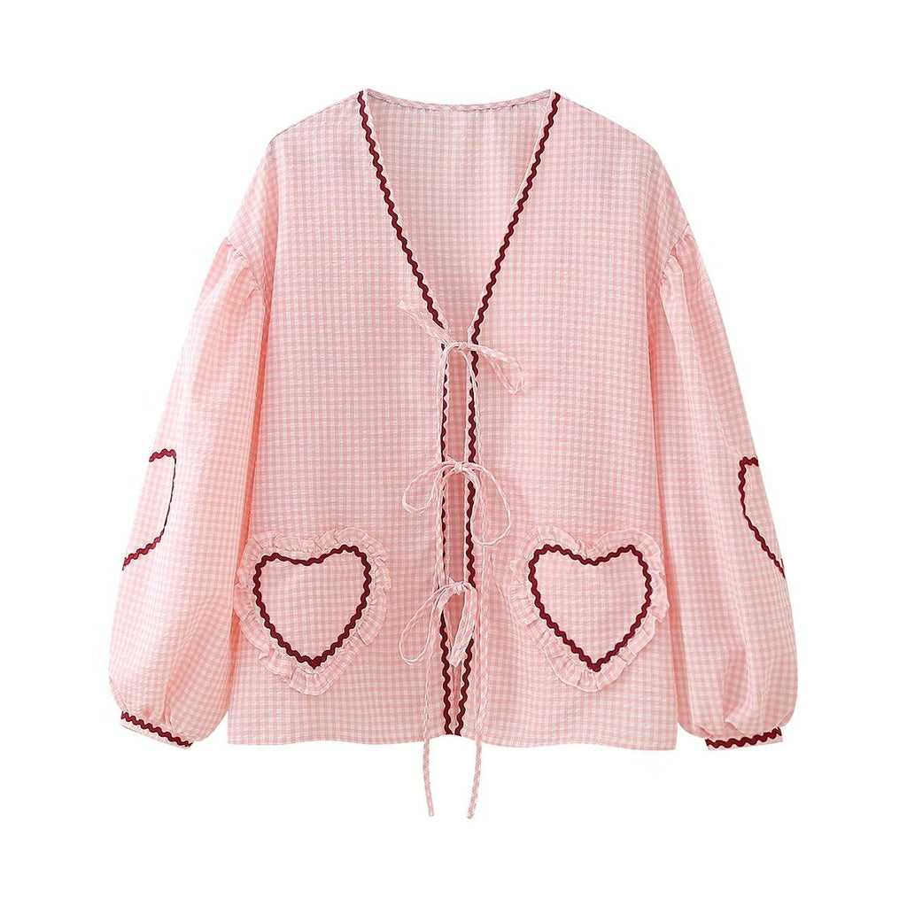 Women's Spring Contrast Color Braid Plaid Bow Love Shirt Casual For Women