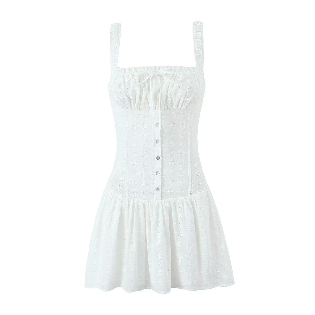 Women's White Embroidered Lace-Up Mini Dress