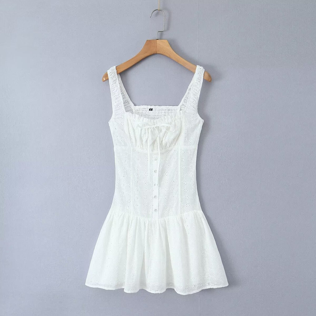 Women's White Embroidered Lace-Up Mini Dress