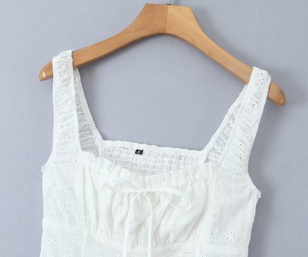 Women's White Embroidered Lace-Up Mini Dress
