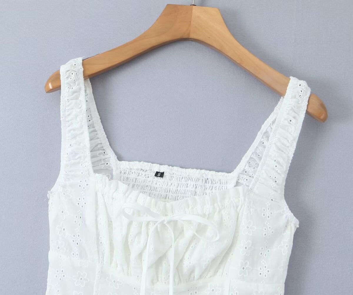 Women's White Embroidered Lace-Up Mini Dress