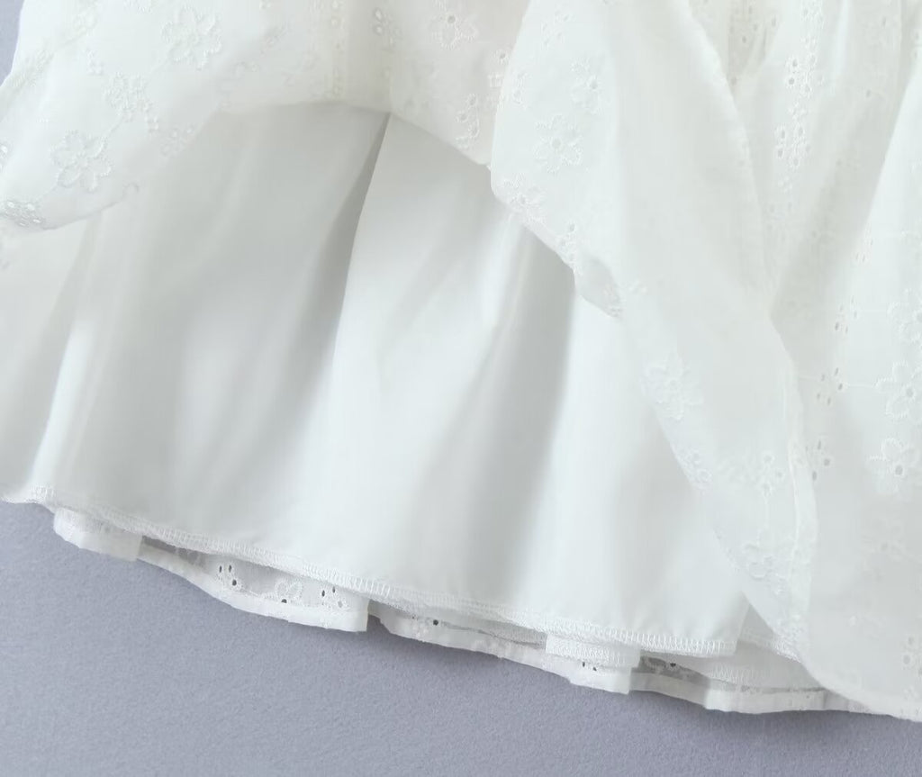 Women's White Embroidered Lace-Up Mini Dress