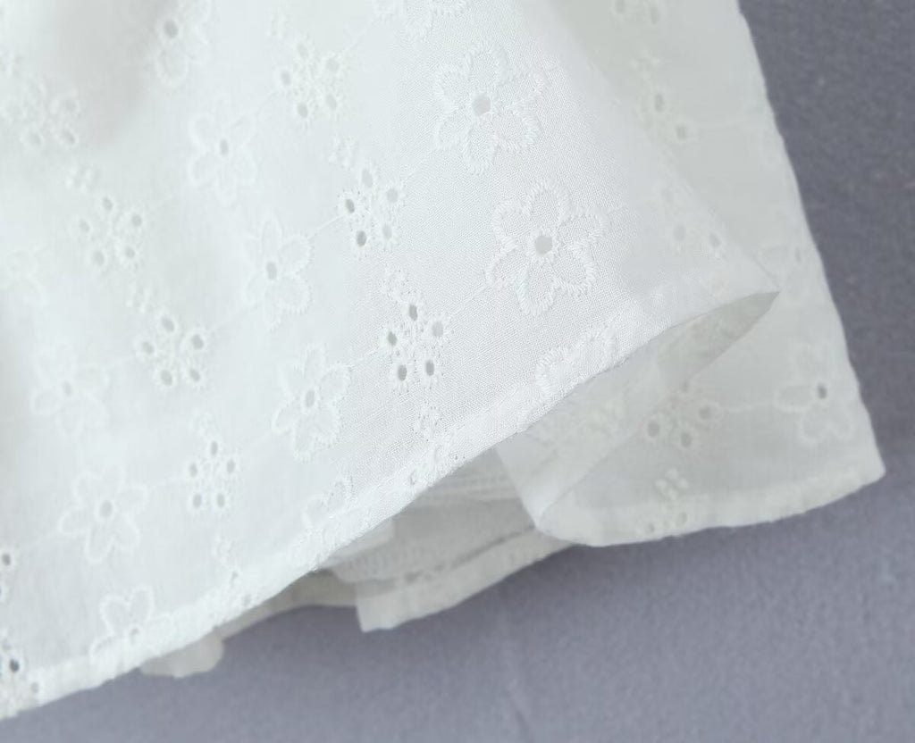 Women's White Embroidered Lace-Up Mini Dress