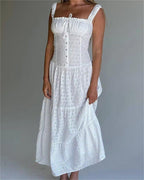 Women's White Embroidered Button Spaghetti Strap Dress