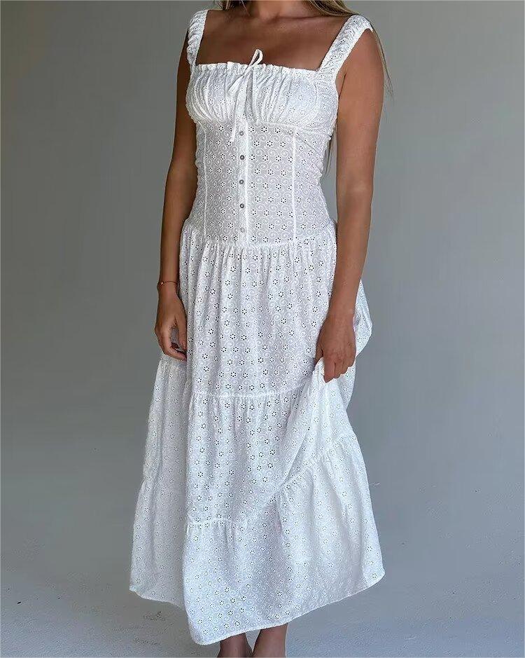 Women's White Embroidered Button Spaghetti Strap Dress