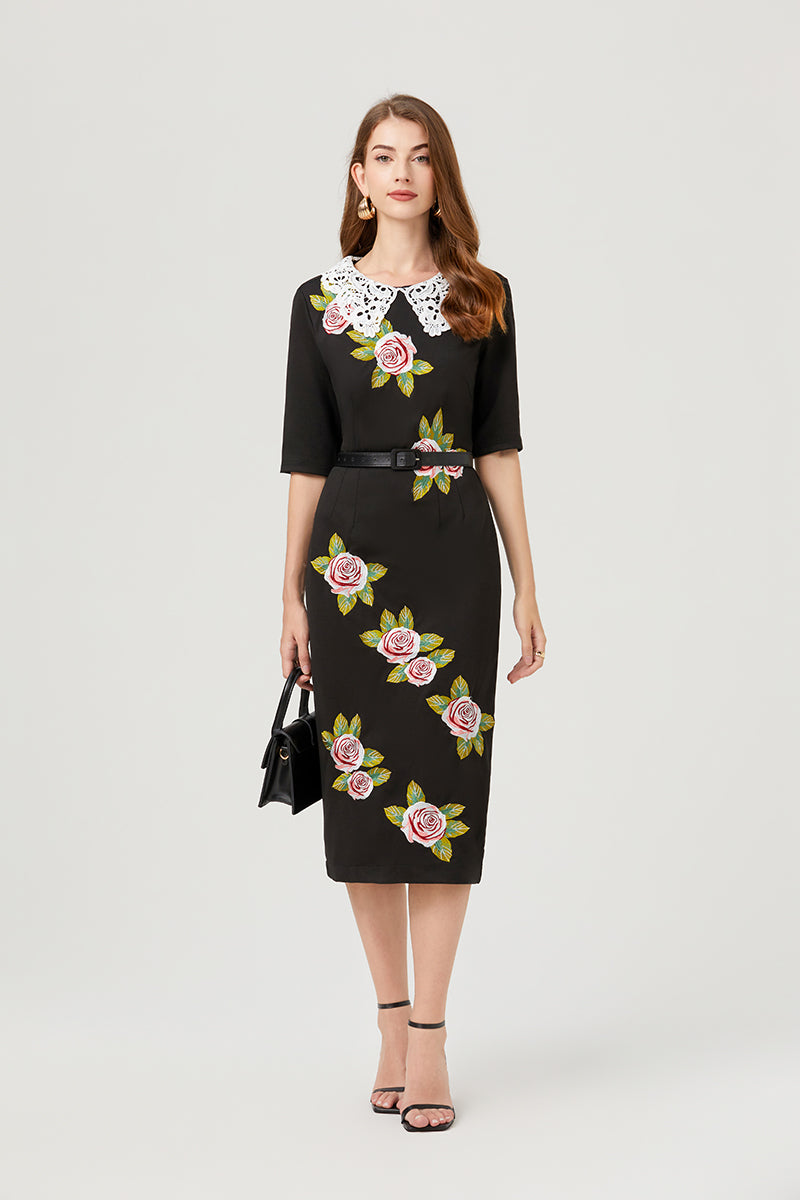 Women's Floral Belted Split Midi Dress