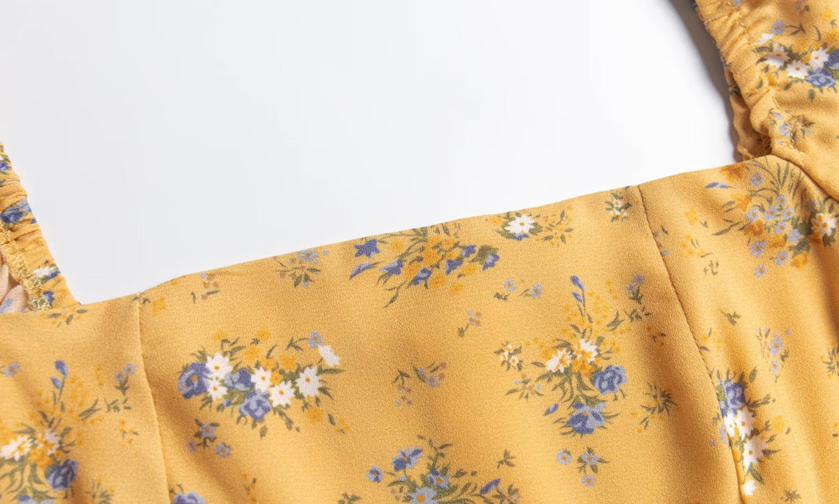 Women's Yellow Floral Square-Neck Midi Dress