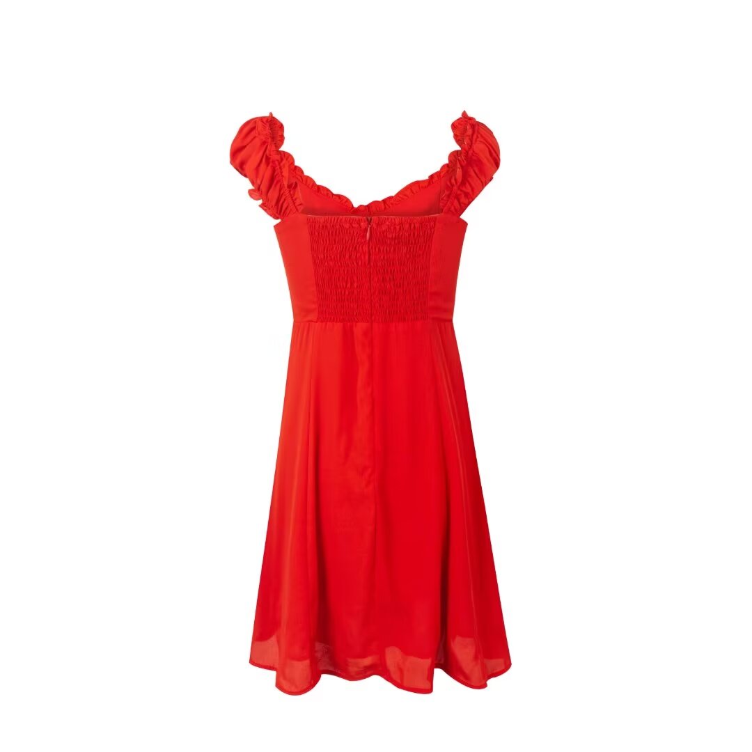 Women's Red Lace Puff-Sleeve Ruffle Dress