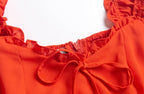 Women's Red Lace Puff-Sleeve Ruffle Dress