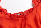 Women's Red Lace Puff-Sleeve Ruffle Dress