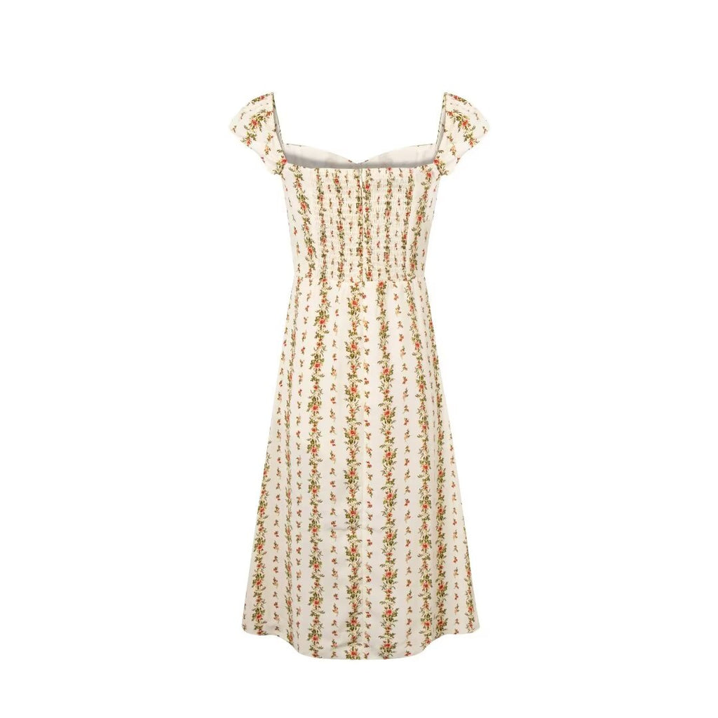 Beige Floral Flutter-Sleeve Dress