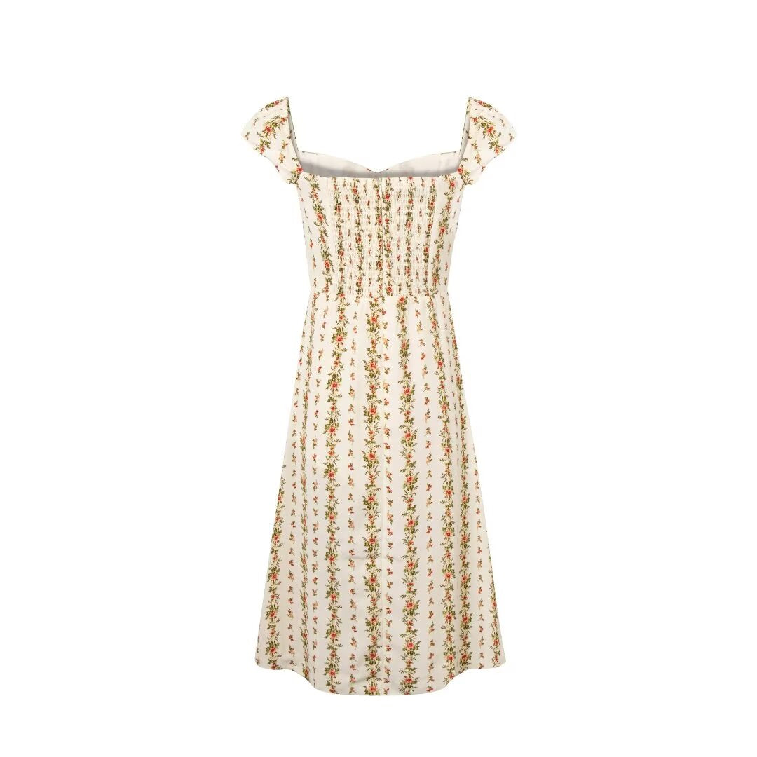 Beige Floral Flutter-Sleeve Dress