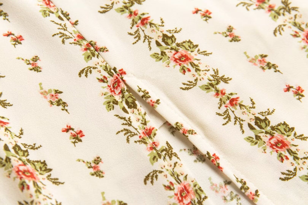 Beige Floral Flutter-Sleeve Dress