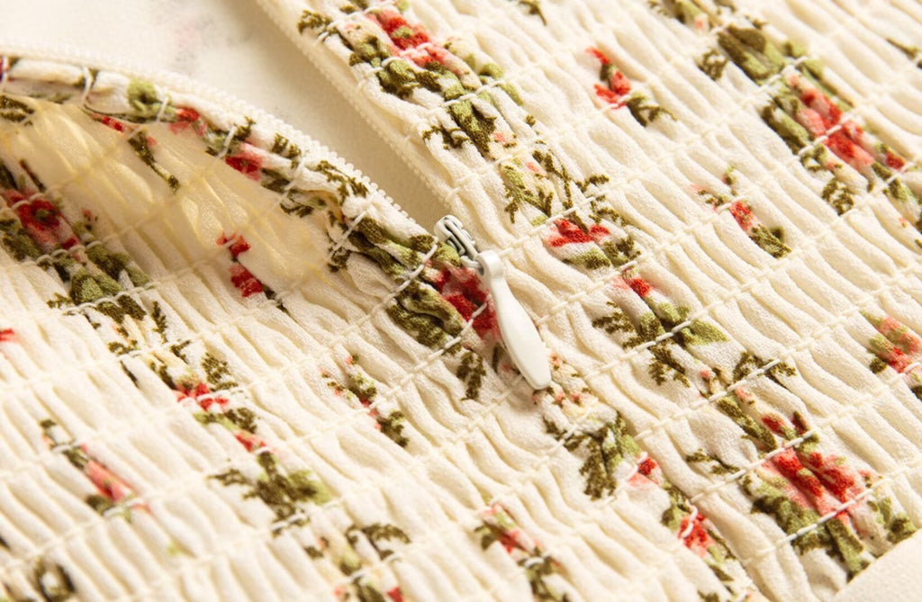 Beige Floral Flutter-Sleeve Dress
