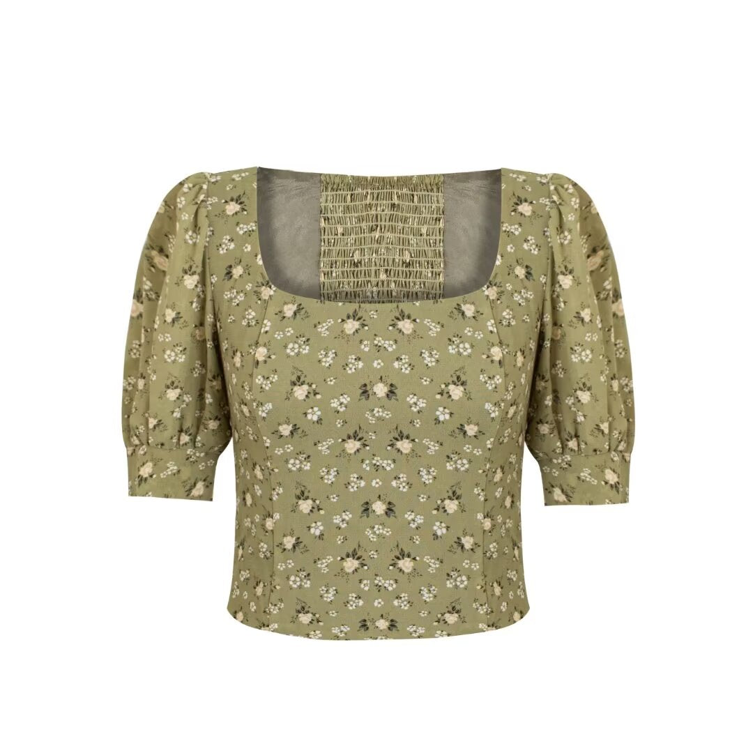 Women's Green Floral Square Neck Puff Sleeve Top