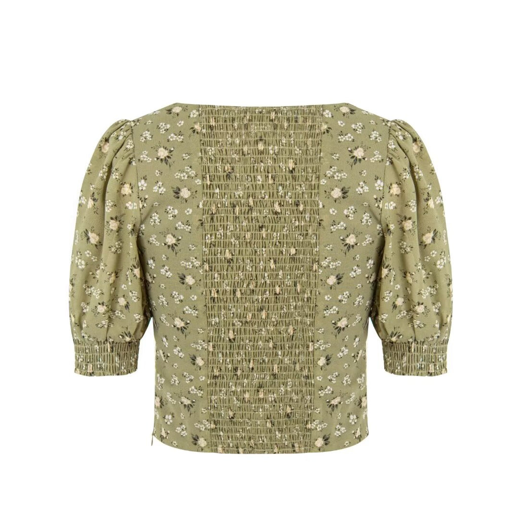 Women's Green Floral Square Neck Puff Sleeve Top
