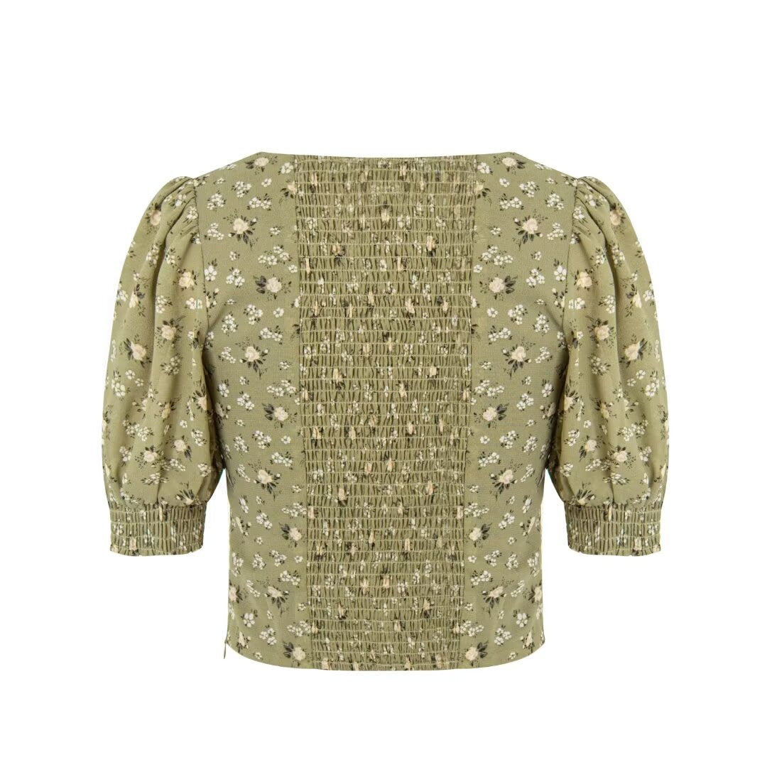 Women's Green Floral Square Neck Puff Sleeve Top