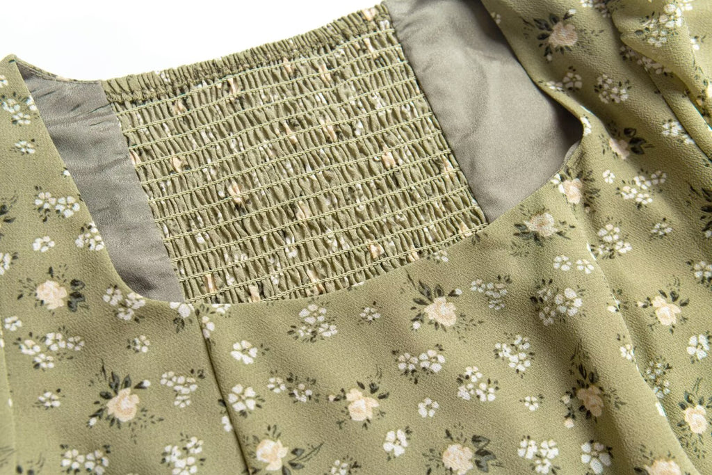 Women's Green Floral Square Neck Puff Sleeve Top