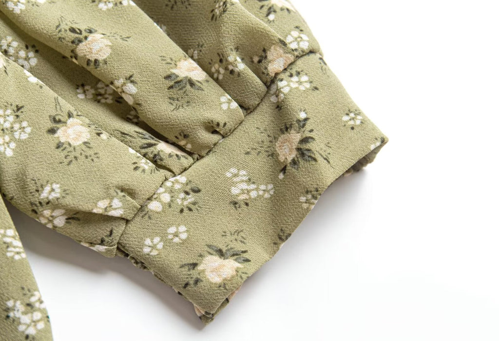 Women's Green Floral Square Neck Puff Sleeve Top