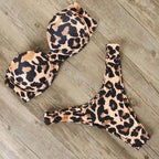 Brown leopard print bikini set with padded cups and matching high-cut bottoms