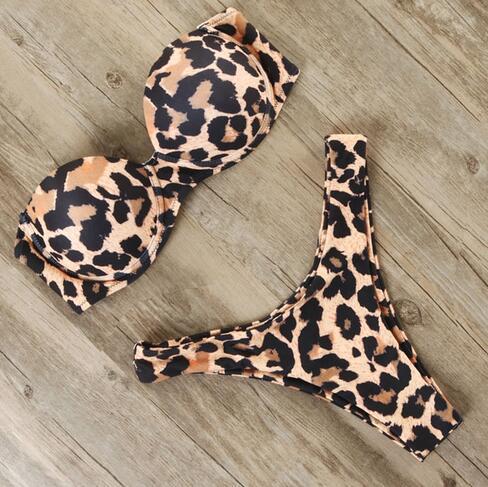 Brown leopard print bikini set with padded cups and matching high-cut bottoms