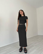 Women's Summer Solid Color Round Top and Skirt Two-Piece Set